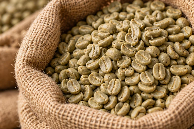 Editorial AI image of unroasted green coffee beans in burlap sack
