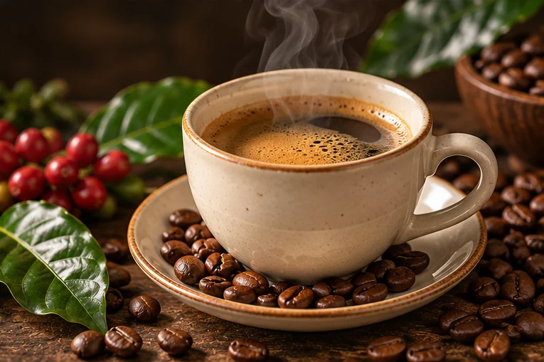 AI editorial image of a steaming cup of coffee used as a category illustration