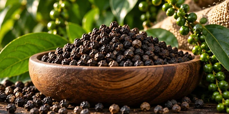 Illustration of whole black peppercorns in a wooden bowl