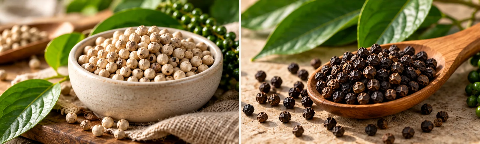 Editorial presentation of black and white peppercorns