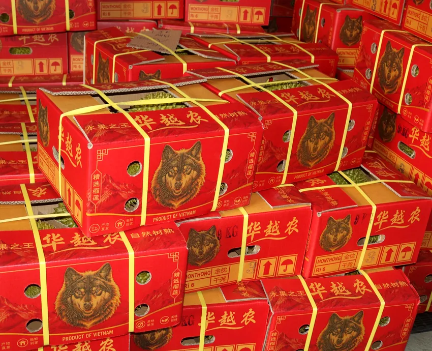 Red durian export cartons as shown in client photograph