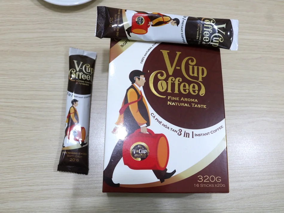 Real photo showing V-Cup instant coffee packaging examples