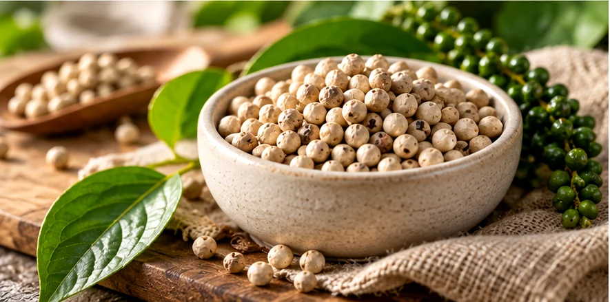 Illustration of whole white peppercorns in a ceramic bowl